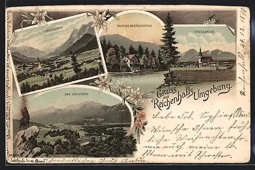 Lithographie Bad Kirchberg, Panorama mit Grossgmain, Restaurant am Thumsee, Edelweiss