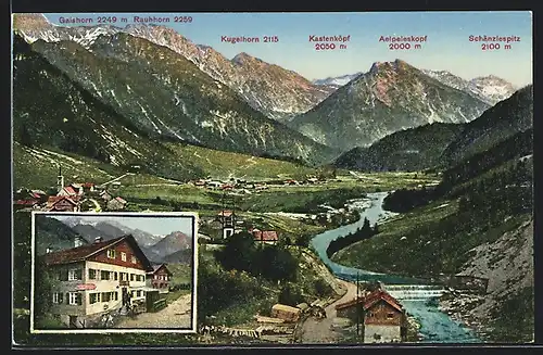 AK Hinterstein /Bayr. Allgäu, Totalansicht mit Gebirgskette, Gasthaus und Pension z. grünen Hut