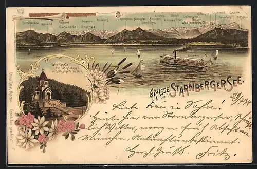 Lithographie Starnberg, Votiv-Kapelle für König Ludwig II. im Schlosspark zu Berg, Panorama vom Starnberger See