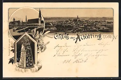 Lithographie Altötting, Wallfahrtskirche, Blick auf die Ortschaft