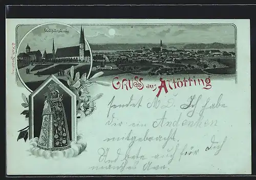 Lithographie Altötting, Totalansicht und Wallfahrtskirche