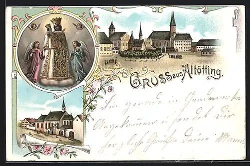 Künstler-AK Altötting, Ortspartie mit Kirche, Gnadenbild