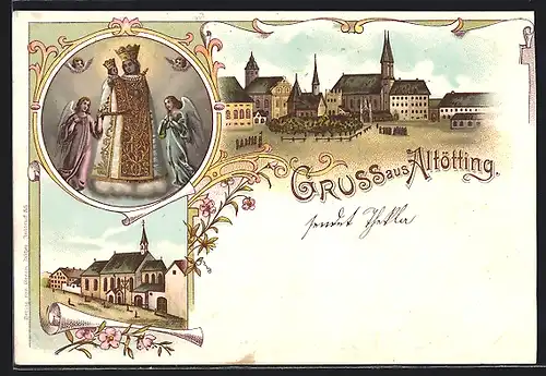 Lithographie Altötting, Kapellplatz mit Doppelturmkirche, Gnadenmutter