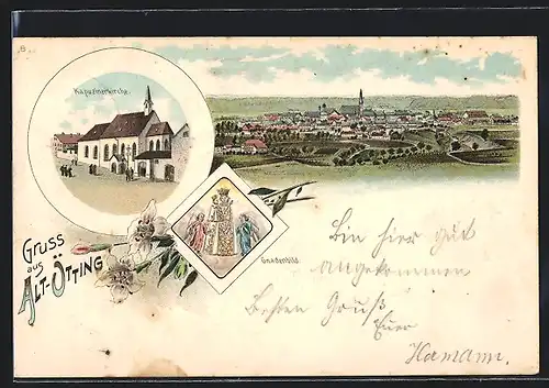 Lithographie Altötting, Stadtansicht, Kapuzinerkirche und Gnadenbild