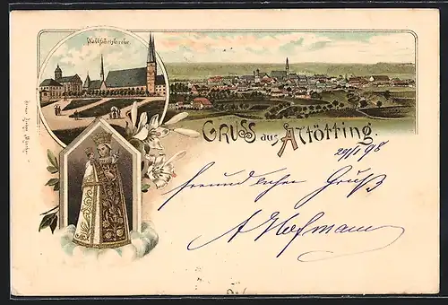 Lithographie Altötting, Blick zur Wallfahrtskirche, Orts-Panorama
