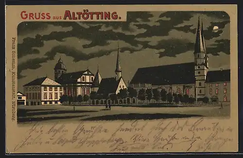 Lithographie Altötting, Ortspartie mit Kirche