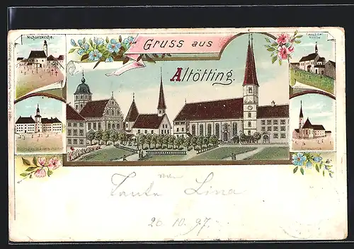 Lithographie Altötting, Michaelskirche, Kapuzinerkirche, Englisches Fräulein Institut