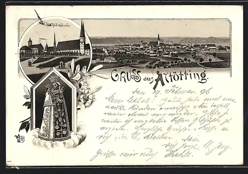 Lithographie Altötting, Blick zur Wallfahrtskirche, Orts-Panorama