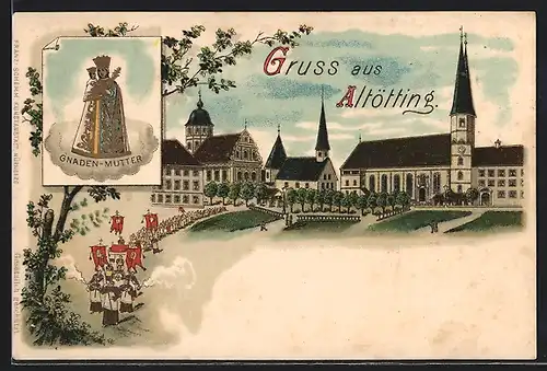 Lithographie Altötting, Kirche mit Prozession, Gnaden-Mutter