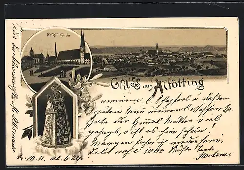 Lithographie Altötting, Stadtansicht, Wallfahrtskirche, Gnadenbild