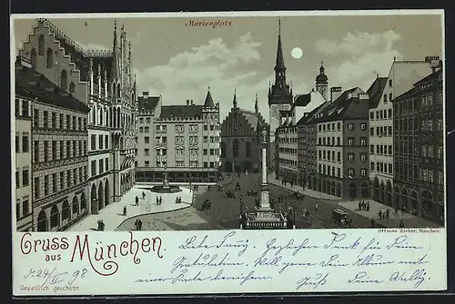 Lithographie München, Marienplatz mit Kirche