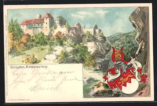 Künstler-AK Rabenstein, Schloss Rabenstein, Ritterhelm und Wappen