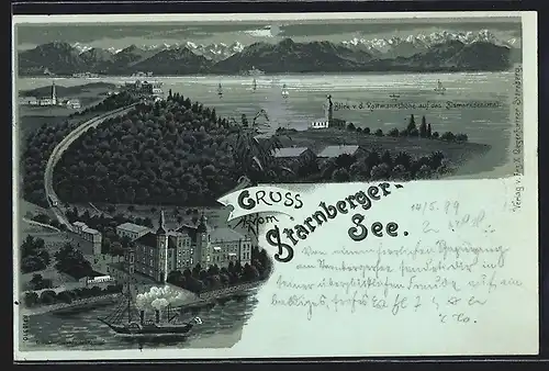 Lithographie Starnberg, Ortspanorama mit Bismarckdenkmal