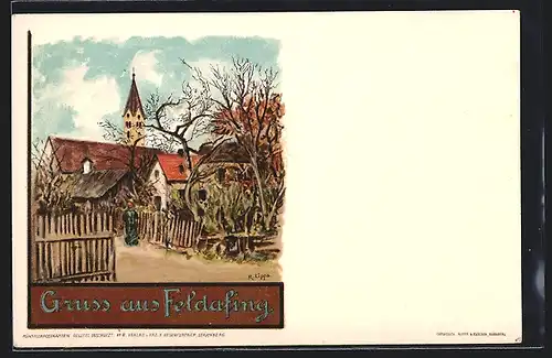 Lithographie Feldafing, Häuserpartie an der Kirche
