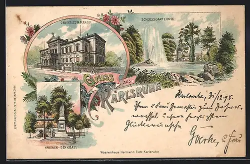 Lithographie Karlsruhe, Schlossgartensee, Generalcommando, Kriegerdenkmal um 1900