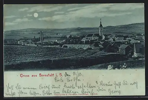 Mondschein-AK Bernstadt i. Sa., Panorama
