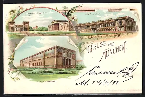 Lithographie München, Alte und neue Pinakothek, Propylaen und Glyptothek