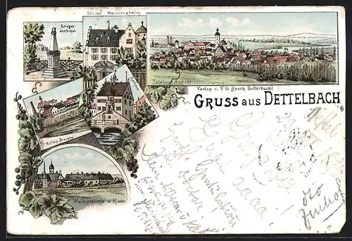 Lithographie Dettelbach, Kriegerdenkmal, Schloss Mainsondheim, Wallfahrtskirche u. Kloster, Rathaus, Actien-Brauerei