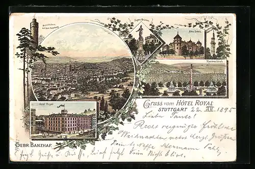 Vorläufer-Lithographie Stuttgart, 1895, Hotel Royal, Altes Schloss, Residenzschloss, Aussichtsturm auf dem Hasenberg
