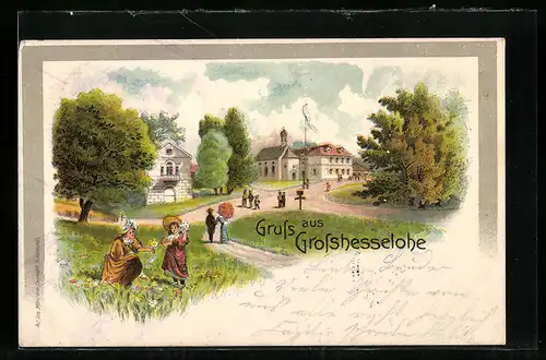 Lithographie Grosshesselohe, Ortsansicht, Mutter mit Kind auf der Wiese
