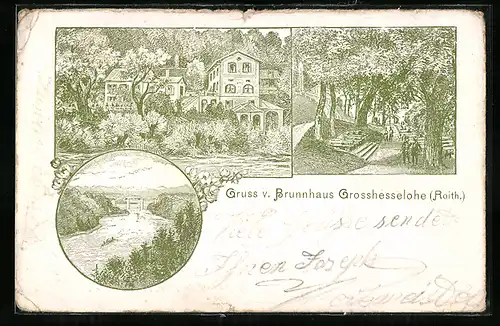 Lithographie Grosshesselohe, Gasthaus Brunnhaus, Gartenpartie und Fluss