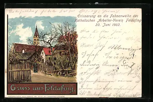 AK Feldafing, Ortspartie mit Kirche, Erinnerung an die Fahnenweihe des Kath. Arbeiter-Vereins 1902