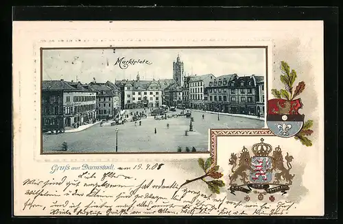 Passepartout-Lithographie Darmstadt, Marktplatz mit Geschäften, Wappen