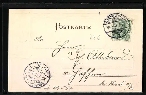 Passepartout-Lithographie Darmstadt, Marktplatz mit Geschäften, Wappen