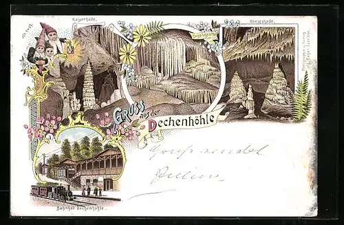 Lithographie Dechenhöhle, Königshalle, Kaiserhalle, Orgelgrotte, Bahnhof, Zwerge