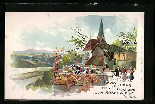 Lithographie Pullach, Partie am Gasthaus zum Rabenwirth
