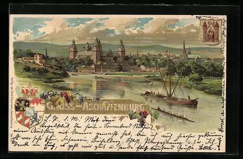 Lithographie Aschaffenburg, Mainansicht mit Segelschiff und Schloss, Stadtwappen