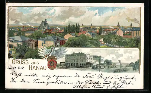 Lithographie Hanau, Panorama & Bahnhof Hanau-Ost, Wappen