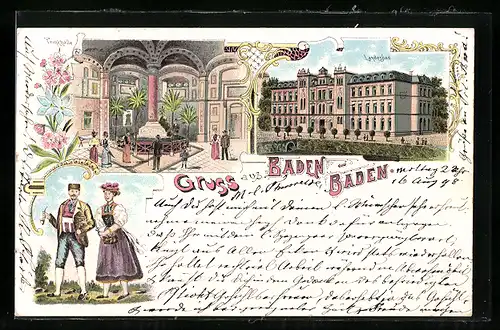 Lithographie Baden-Baden, Trinkhalle Innenansicht, Landesbad, Paar in Tracht