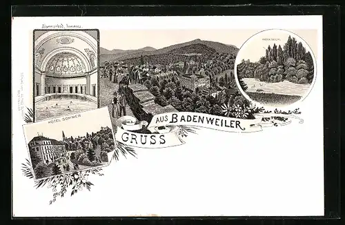 Lithographie Badenweiler, Hotel Sommer, Marmorbad Inneres, Parkteich