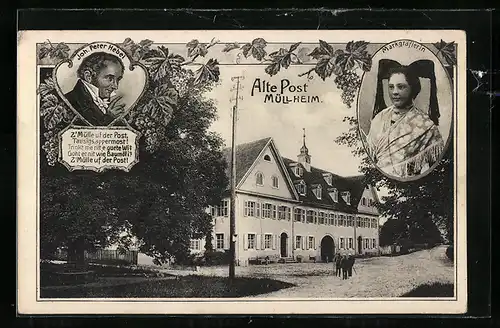 AK Müllheim, Hotel Alte Post, Markgräflerin in Tracht, Joh. Peter Hebel
