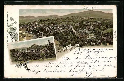Lithographie Badenweiler i. Baden, Panorama, Teilansicht