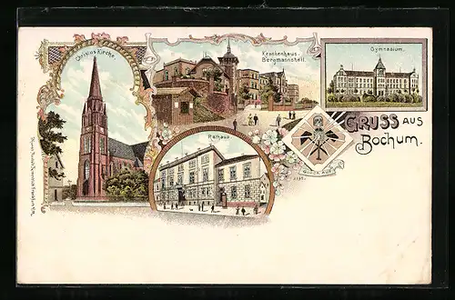 Lithographie Bochum, Krankenhaus Bergmannsheil, Gymnasium, Rathaus, Bergmanns-Symbol