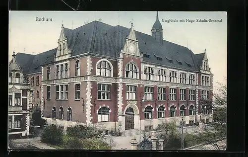 AK Bochum, Bergschule mit Hugo Schultz-Denkmal