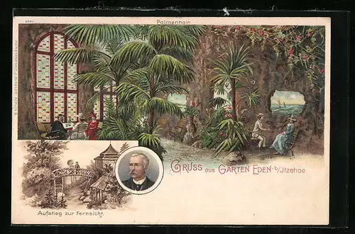 Lithographie Itzehoe, Gasthaus Garten Eden, Garten und Aufstieg zur Fernsicht