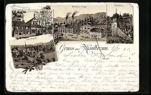 Vorläufer-Lithographie Maulbronn, 1895, Brauerei Rieger, Kloster, Faustthurm und Gesamtansicht