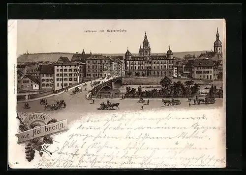 Lithographie Heilbronn, Uferpartie mit Neckarbrücke