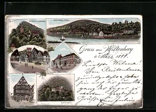 Lithographie Miltenberg a. M., Totalansicht, Schloss Miltenberg, Post-Hotel Engel, Marktplatz und Hotel Riese