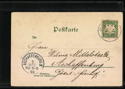 Lithographie Miltenberg a. M., Totalansicht, Schloss Miltenberg, Post-Hotel Engel, Marktplatz und Hotel Riese