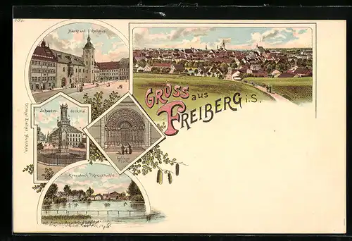 Lithographie Freiberg /Sa., Gesamtansicht, Markt und Rathaus, Schwedendenkmal