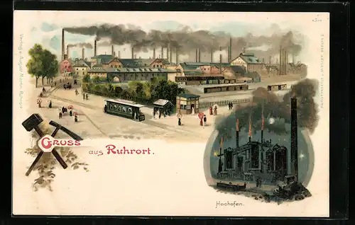 Lithographie Ruhrort, Strassenbahn an der Fabrik, Hochofen bei Vollmond