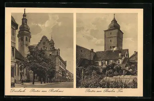 AK Durlach, Partie am Rathaus und Partie am Basler Tor