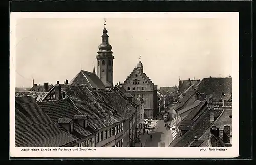 AK Durlach, Strasse mit Rathaus und Stadtkirche