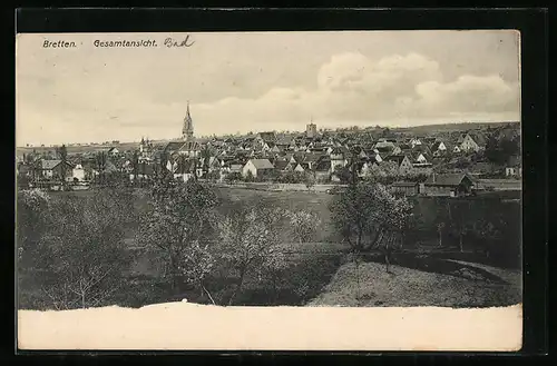 AK Bretten, Ortspanorama mit Kirchturm