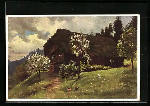 Künstler-AK Heinrich Hoffmann: Schwarzwaldhaus im Frühling