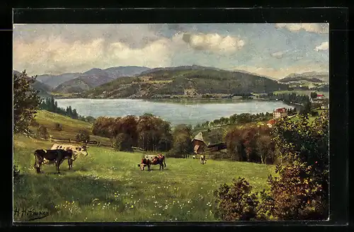 Künstler-AK Heinrich Hoffmann: Titisee mit Feldberg und weidenden Kühen